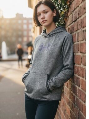 Women's Under Armour Heather Gray w/Purple Logo Hoodie Sweatshirt Sz L